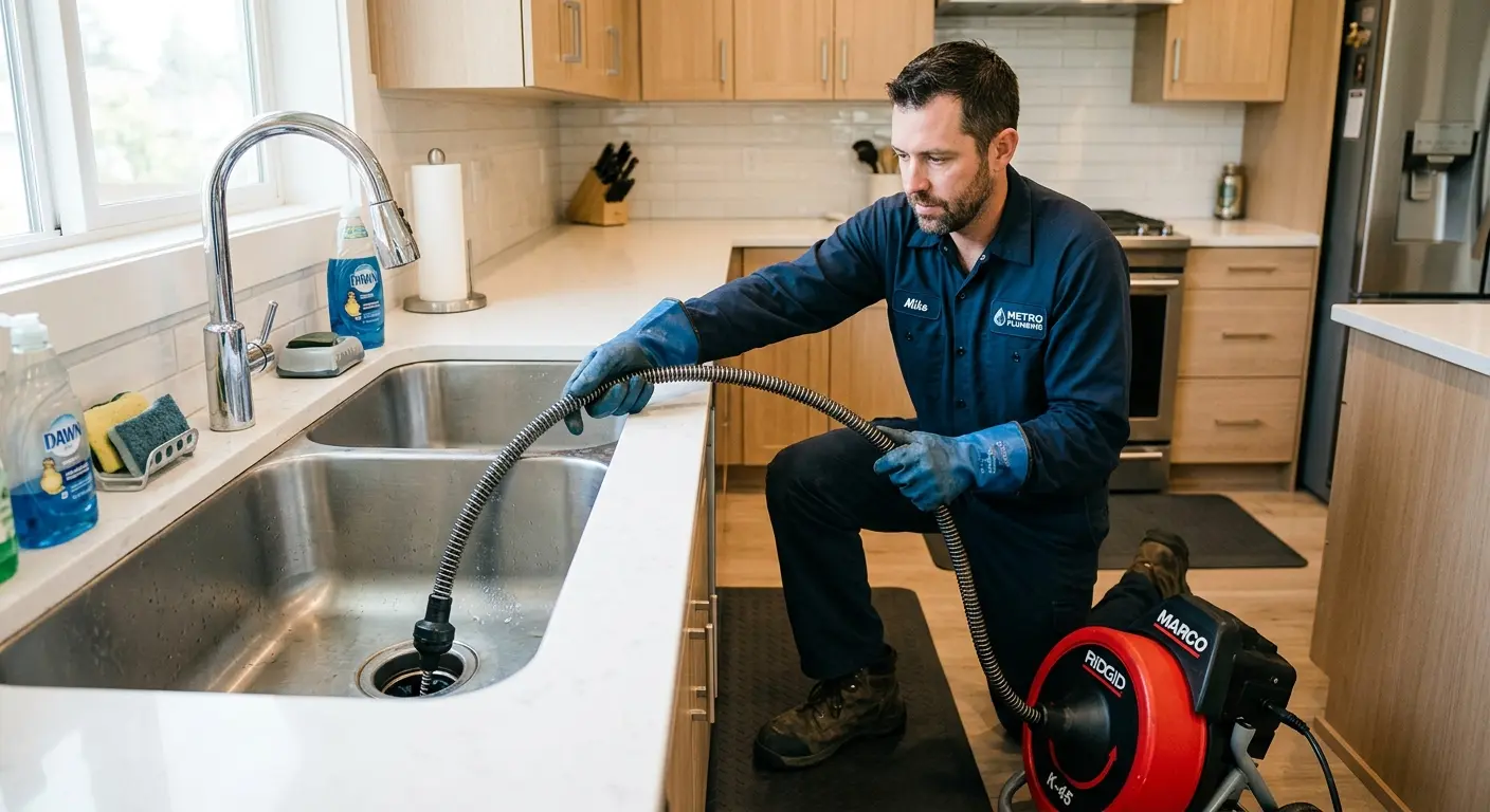 Drain cleaning technician using a motorized snake on a kitchen sink in Emerson