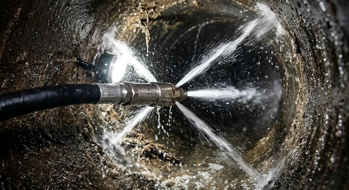 High-pressure hydro jetting nozzle cleaning sewer pipe for Trenchless Sewer Repair in Emerson