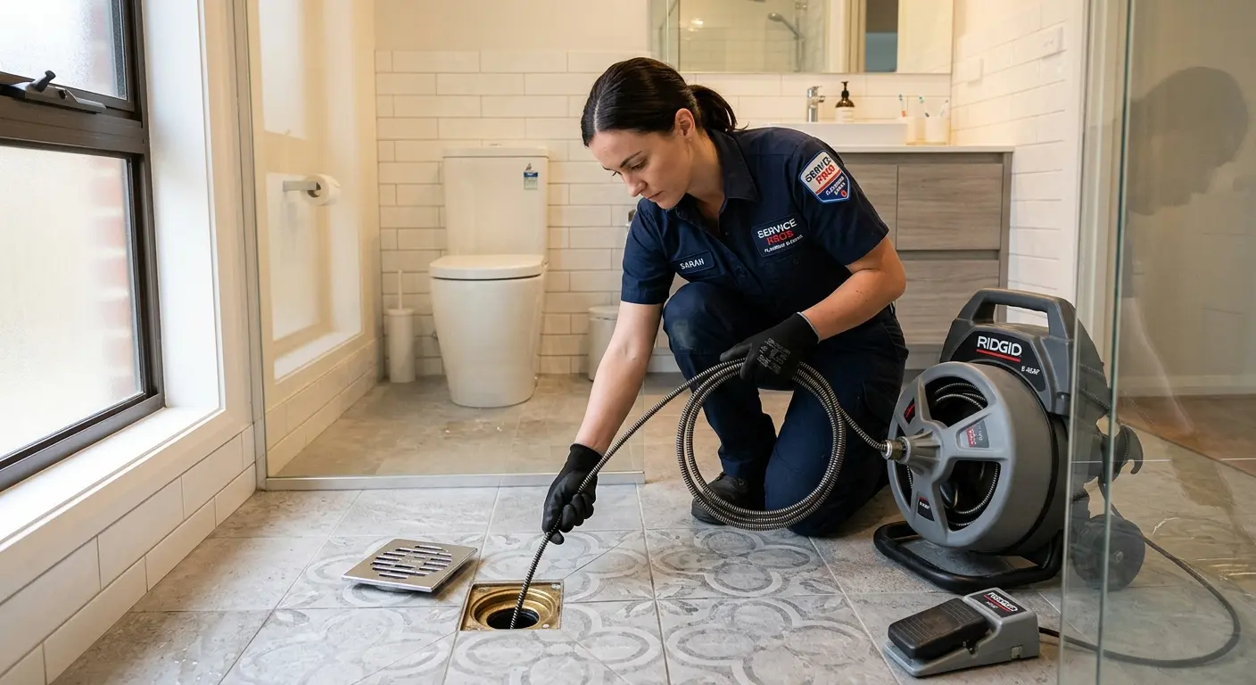 Technician clearing a bathroom floor drain for Clogged Drain Repair in Emerson